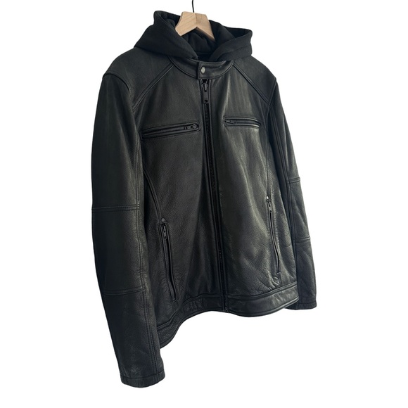 Wilsons Alan Black Leather Grunge Motorcycle Jacket With Removable Hood Size L - Picture 2 of 15